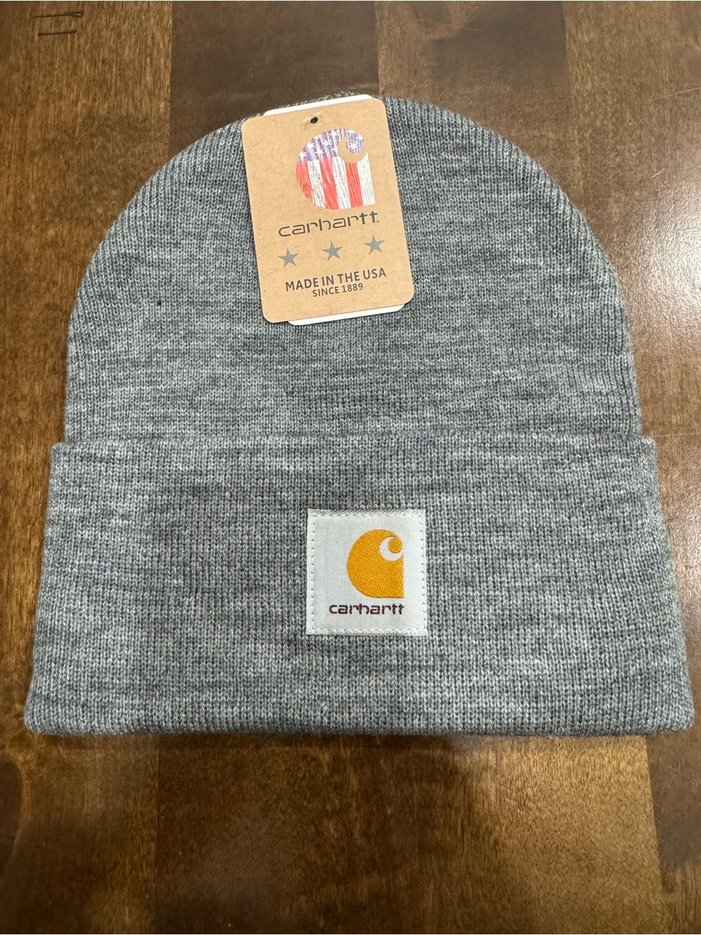 Carhartt Gray Cuffed Knit Beanie with Gold Logo Patch